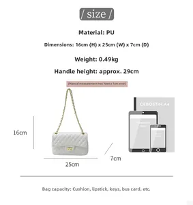 Size comparison of a white quilted crossbody bag showing dimensions with digital devices
