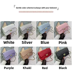 Selection of quilted leather chain bags in multiple colors including black, white and pink