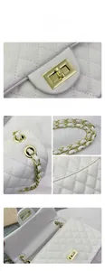 Detailed views of white quilted crossbody bag with caviar leather and gold chain strap