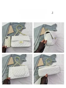 Multi-angle views of white quilted chain bag featuring gold hardware and flap closure