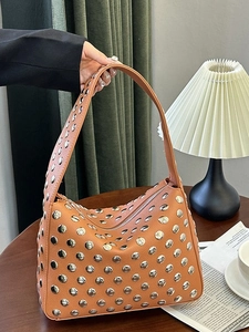 Brown litchi grain leather shoulder bag with large silver rivets for women