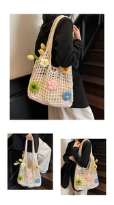 Detailed texture of ivory crochet tote bag with colorful 3D floral accents and tulips
