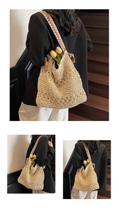 Detailed straw tote bag with intricate openwork weave and ethnic patterned strap