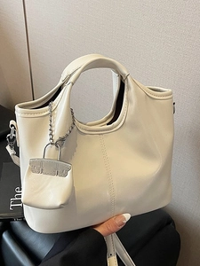 Minimalist cream white PU leather tote bag with top handle and mini chain pouch