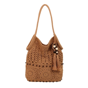 Handmade woven cotton tassel shoulder bag with mandala pattern and wooden beads