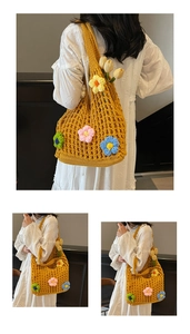 Detailed view of handmade yellow crochet shoulder bag with colorful 3D floral accents