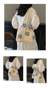 Detail of handmade crochet shoulder bag with 3D floral accents and hollow net texture