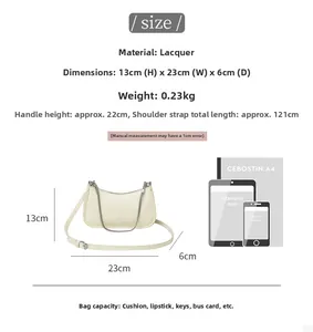 Size chart for patent leather underarm bag showing dimensions 23x13x6cm and strap details