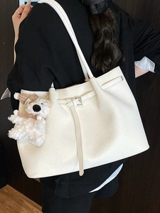 Women Korean Style Woven PU Leather Tote Bag Large Capacity Shoulder Bag With Metal Buckle And Plush Bear Charm Fashion Handbag