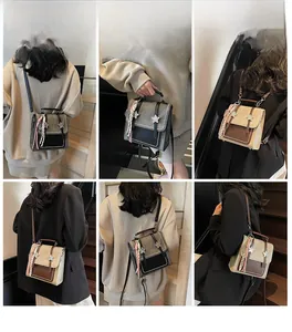 Detail view of stylish small backpack with star accent and striped silk scarf accessory