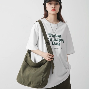 Large olive green canvas crossbody bag in minimalist crescent design for women