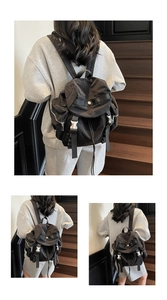 Outdoor nylon backpack featuring drawstring closure and silver buckles on stairs