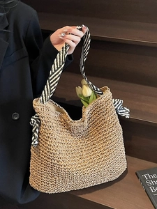 Women Large Capacity Straw Woven Tote Bag Hollow Beach Bag With Striped Ribbon Shoulder Strap Summer Holiday Vacation Bag