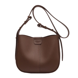 Minimalist dark brown lychee leather crossbody bag with adjustable gold buckle strap