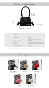 Guide des tailles pour mini sac bandoulière en PU avec dimensions et cinq coloris