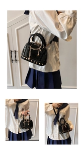 Detailed views of a black patent shell bag featuring gold studs and versatile chain straps