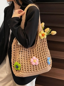 Handmade crochet shoulder bag with 3D colorful flowers and hollow knit texture