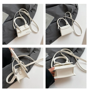 Vues détaillées sous plusieurs angles d'un mini sac à main blanc en cuir grainé