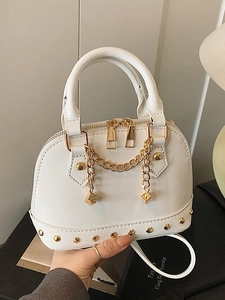 Fashion Women Patent Leather Rivet Shell Bag Gold Chain Dice Pendant Top-handle Handbag Small Crossbody Shoulder Bag