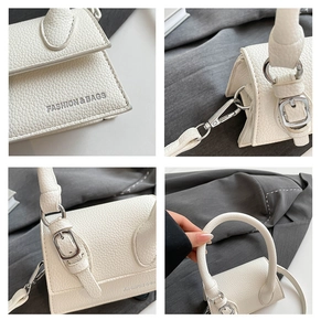 Vues détaillées de la texture cuir blanc et des boucles argentées d'un mini sac bandoulière