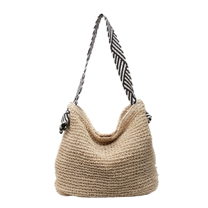 Large summer straw woven tote bag with striped shoulder strap and bow details