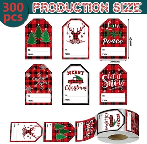 Close-up of 45x30mm buffalo plaid Christmas gift labels with tree and elk designs