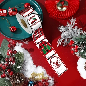 300 buffalo plaid Christmas gift tag stickers with holiday patterns on a festive background