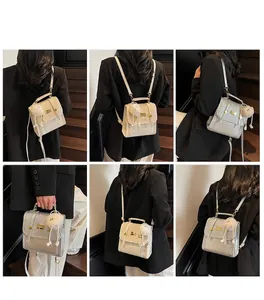 Detail shots of embossed crossbody bag showing woven texture and versatile carry styles
