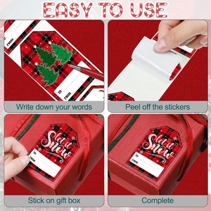 300 buffalo plaid Christmas gift tag stickers with red and black tree patterns