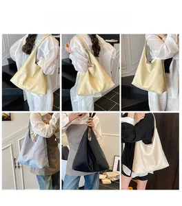 Collage of model wearing large leather hobo shoulder bags in multiple colors and styles
