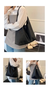 Detail view of large black tote bag with lychee texture in various shoulder wearing poses