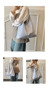 Detailed views of light blue lychee pattern leather tote bag shown on a model