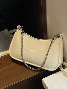 Women Glossy PU Leather Underarm Bag Versatile Solid Color Shoulder Bag With Metal Chain Heart Pendant Commuting Handbag