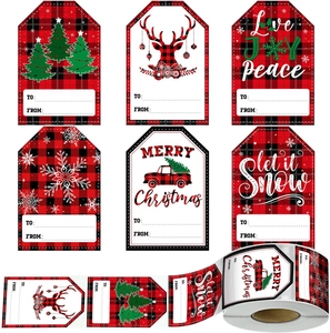 Roll of 300 buffalo plaid Christmas gift name tags with festive tree and reindeer designs