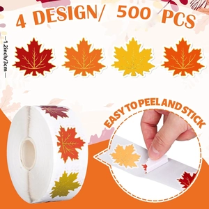 Detail of 1.2-inch autumn maple leaf stickers with 500 pieces per roll and 4 leaf designs