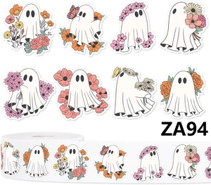 Detail of 8 floral ghost sticker designs on a roll for Halloween gift bag sealing