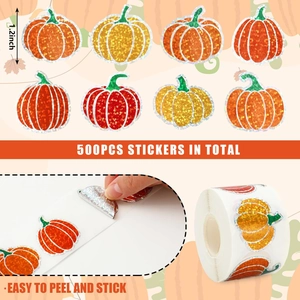 Detail of 1.2 inch holographic glitter pumpkin stickers 500 pieces per roll for DIY crafts
