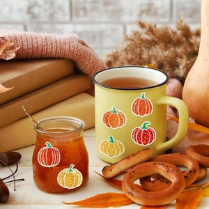 Autumn glitter pumpkin stickers set for DIY decor on mugs and jars with fall theme