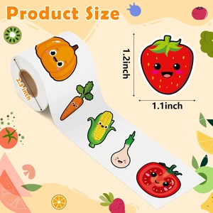 Detailed size chart for fruit and vegetable stickers showing 1.2 inch strawberry decal