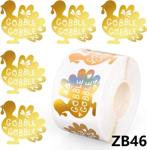 Rouleau d'autocollants dinde dorés holographiques avec texte Gobble Gobble pour Thanksgiving