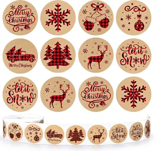 Detail of Christmas buffalo plaid stickers featuring 12 festive round kraft paper designs