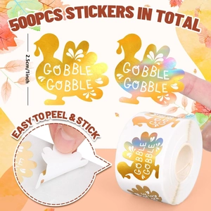 500 stickers de Thanksgiving dinde avec feuille d'or et design holographique gobble