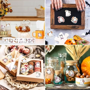 Cute Halloween ghost and floral stickers shown on gift boxes and kitchen storage jars