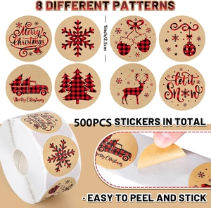 Detail of 500 Christmas stickers roll featuring buffalo plaid deer and tree patterns
