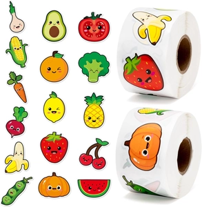 Detail showing 16 various cartoon fruit and vegetable reward stickers in two rolls