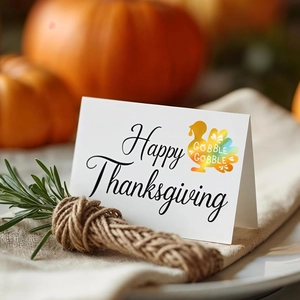 Carte Happy Thanksgiving avec motif de dinde sur table dressée avec décor de citrouille