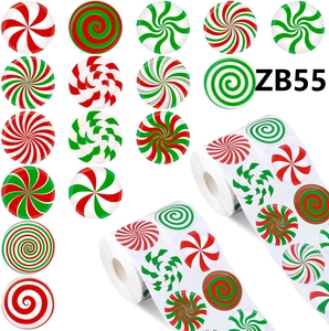 Christmas Peppermint Candy Round Adhesive Stickers Roll Red Green Spiral Pattern Decals For Holiday Gift Wrapping Decor