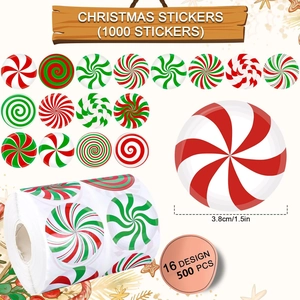 Detail of 3.8cm round peppermint Christmas stickers with 16 candy cane patterns