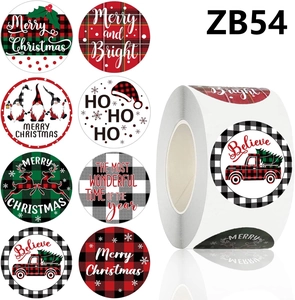 Detail view of 8 Buffalo plaid Merry Christmas adhesive labels for holiday gift wrapping