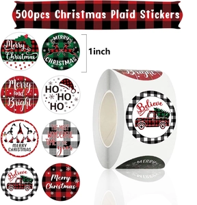 Roll of 500 Christmas buffalo plaid stickers in 8 designs for gift seals